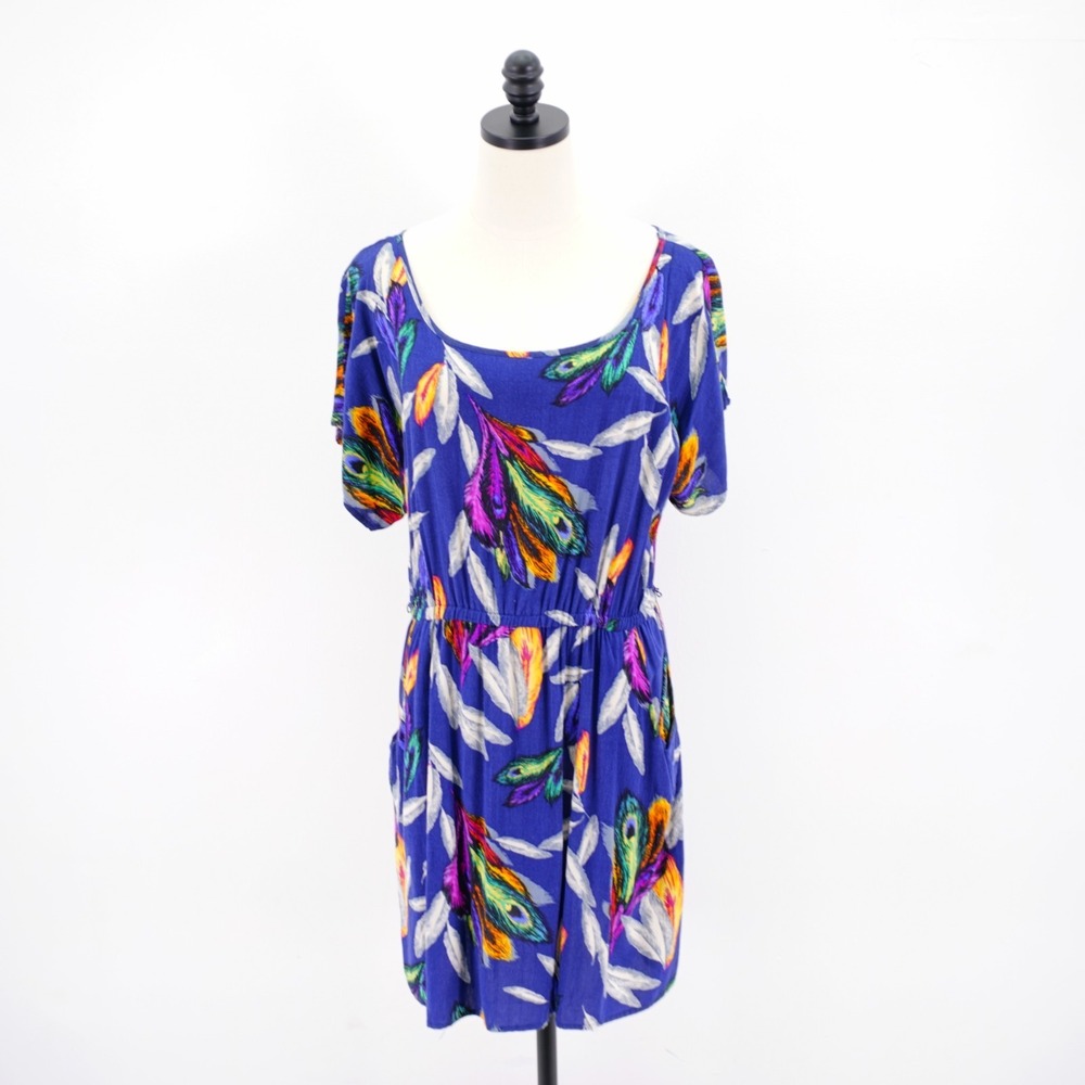 Xhilaraton XL Purple Floral Fit Flair Dress W/ Pockets Short Sleeve Boat Neck‎